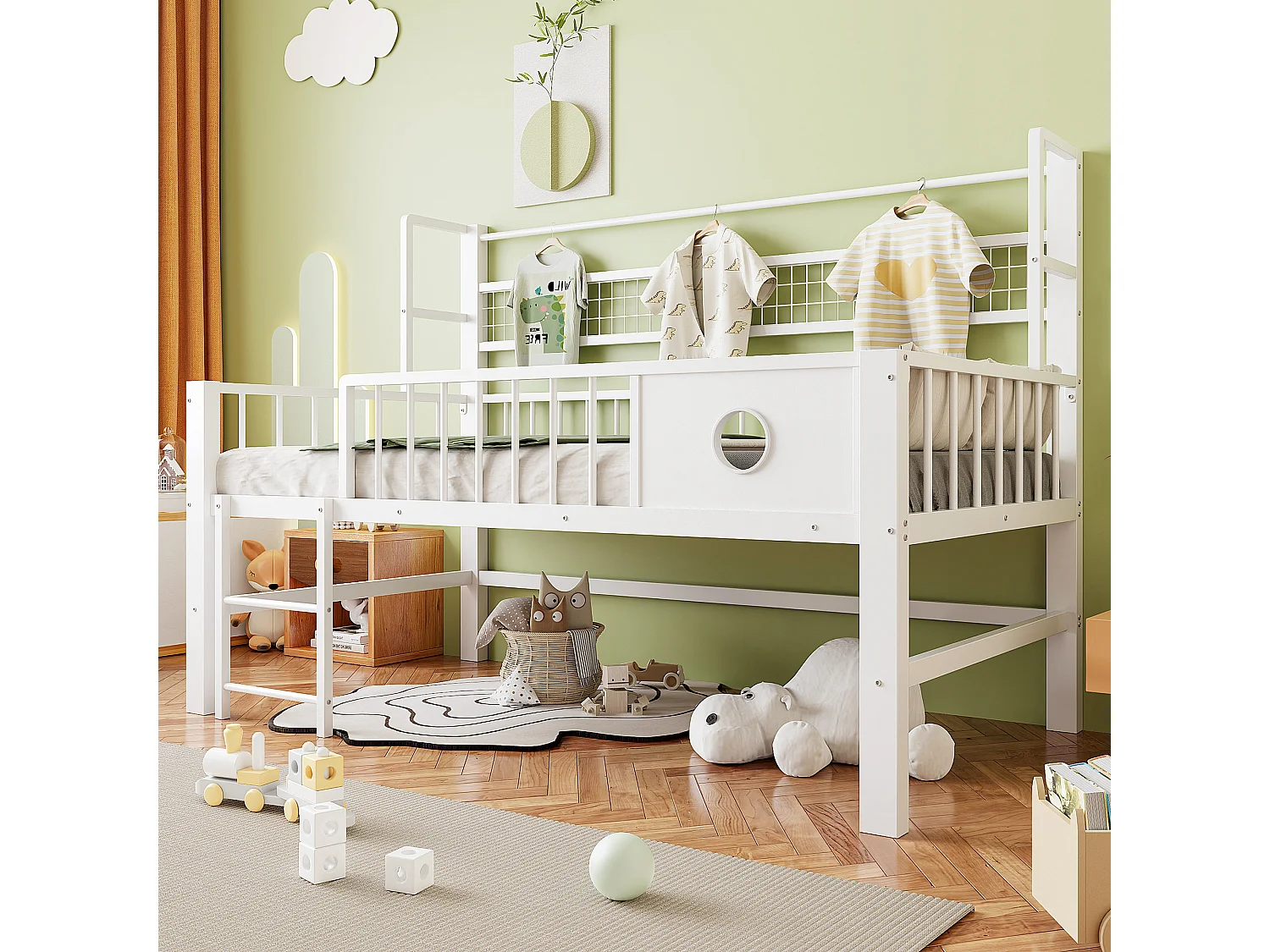 Lit mezzanine bas enfant - 90 x 200cm - avec cadre en métal et compartiments de rangement - blanc