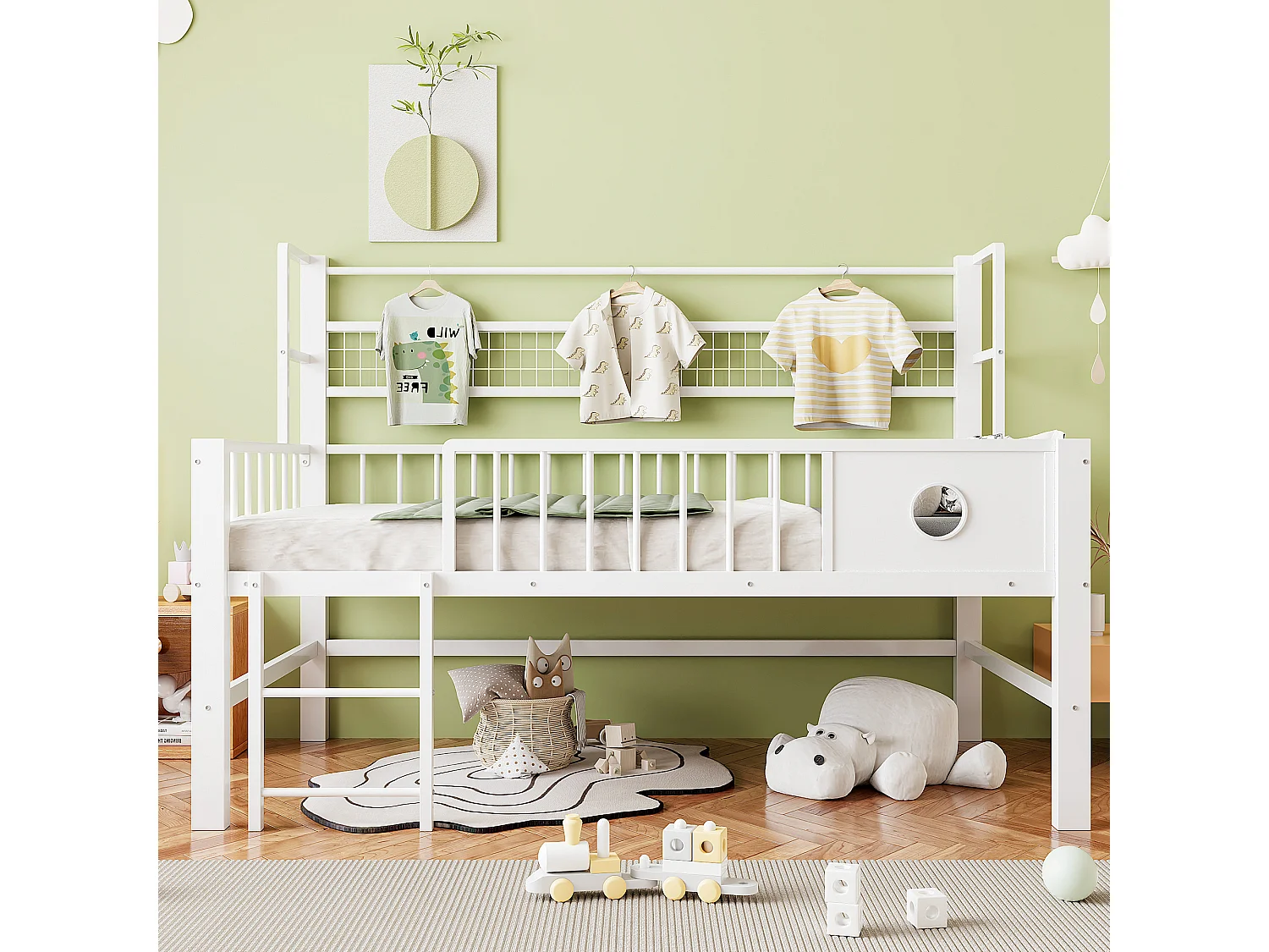 Lit mezzanine bas enfant - 90 x 200cm - avec cadre en métal et compartiments de rangement - blanc