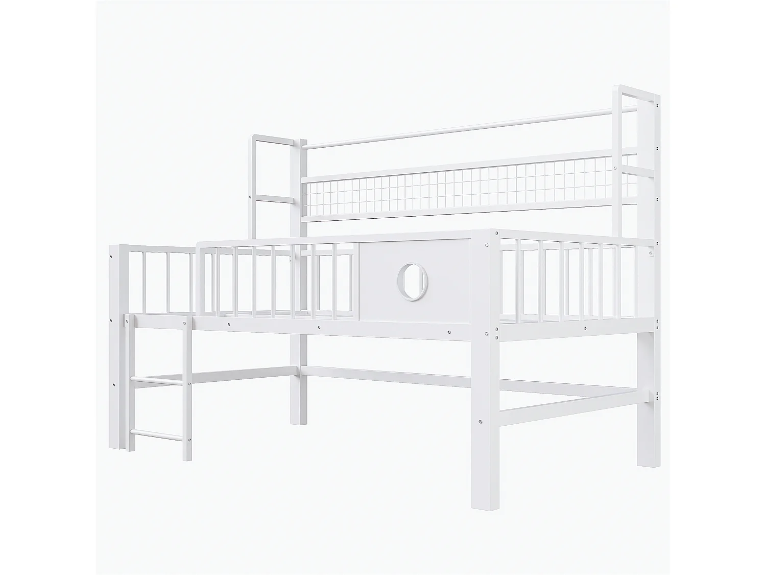 Lit mezzanine bas enfant - 90 x 200cm - avec cadre en métal et compartiments de rangement - blanc