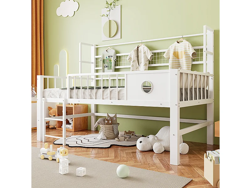 Lit mezzanine bas enfant - 90 x 200cm - avec cadre en métal et compartiments de rangement - blanc
