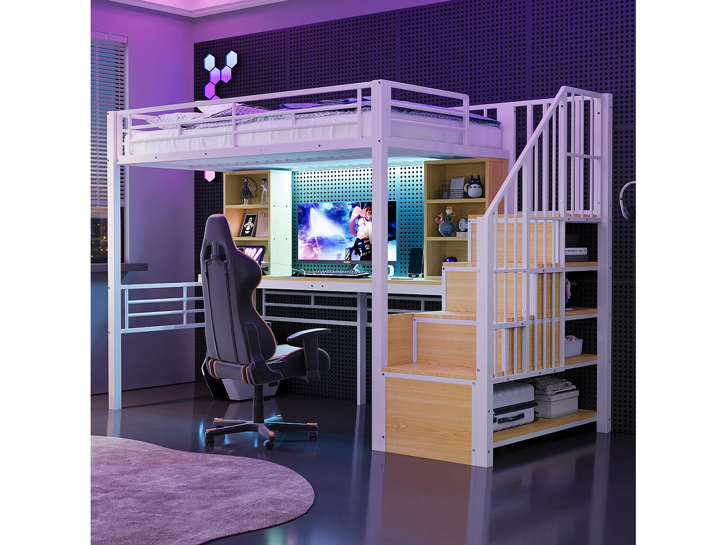 Lit mezzanine en métal pour enfant - 90 x 200 cm - avec échelle de rangement + étagères + table + Leds - blanc