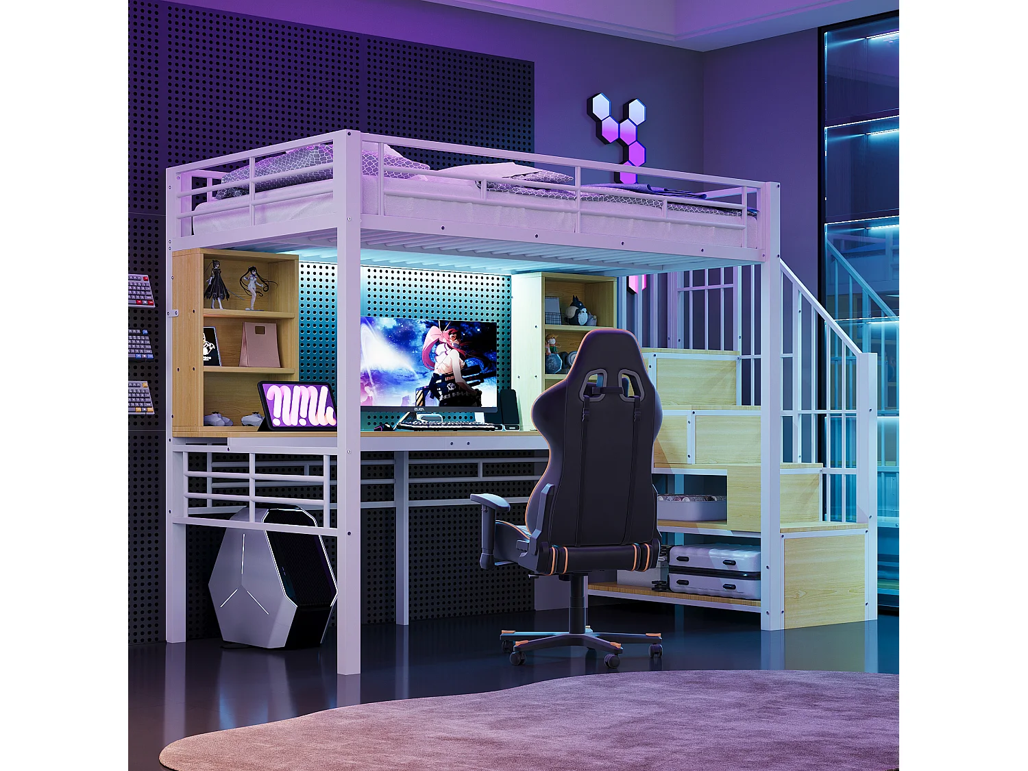 Lit mezzanine en métal pour enfant - 90 x 200 cm - avec échelle de rangement + étagères + table + Leds - blanc