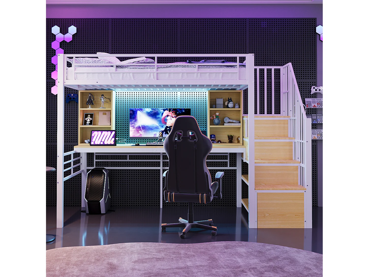 Lit mezzanine en métal pour enfant - 90 x 200 cm - avec échelle de rangement + étagères + table + Leds - blanc