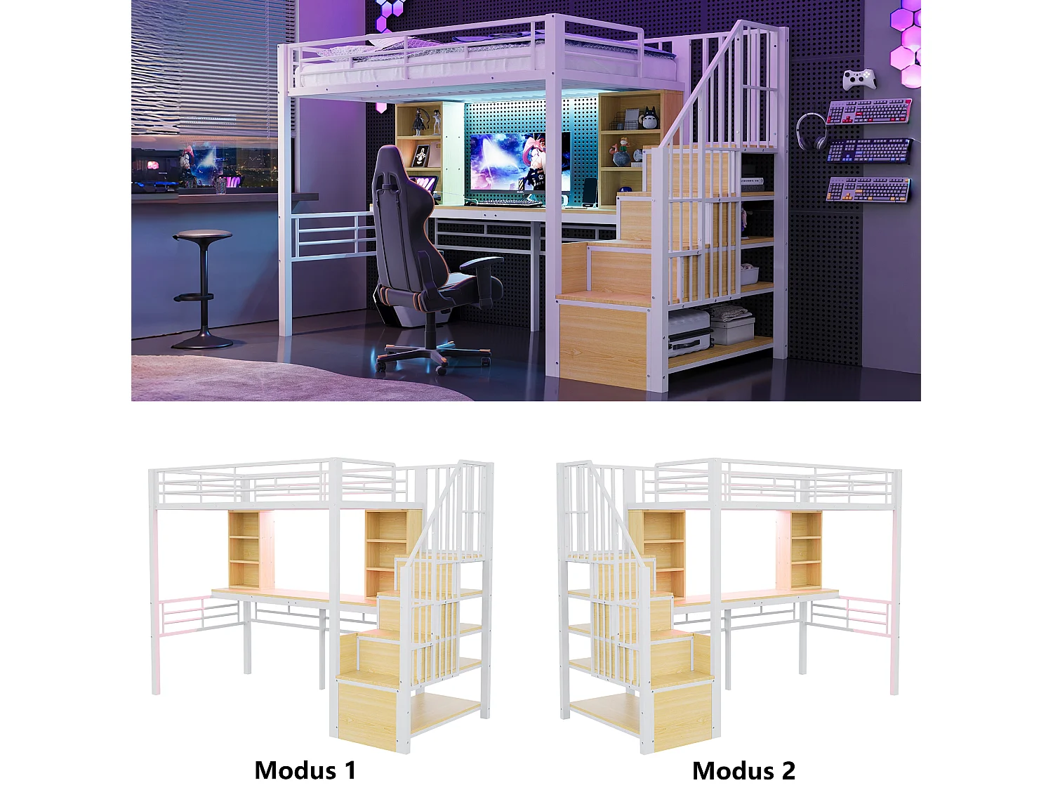 Lit mezzanine en métal pour enfant - 90 x 200 cm - avec échelle de rangement + étagères + table + Leds - blanc