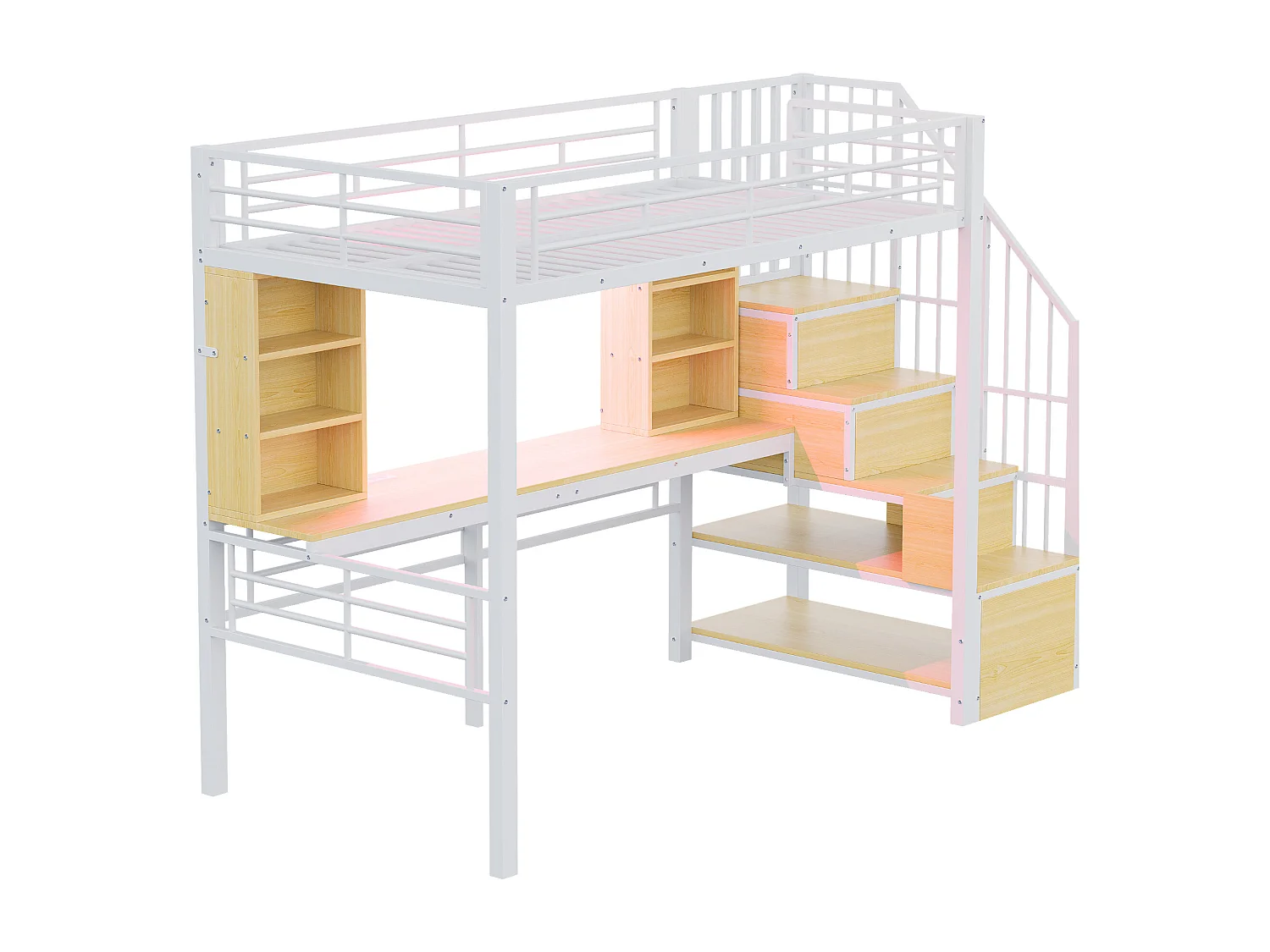 Lit mezzanine en métal pour enfant - 90 x 200 cm - avec échelle de rangement + étagères + table + Leds - blanc