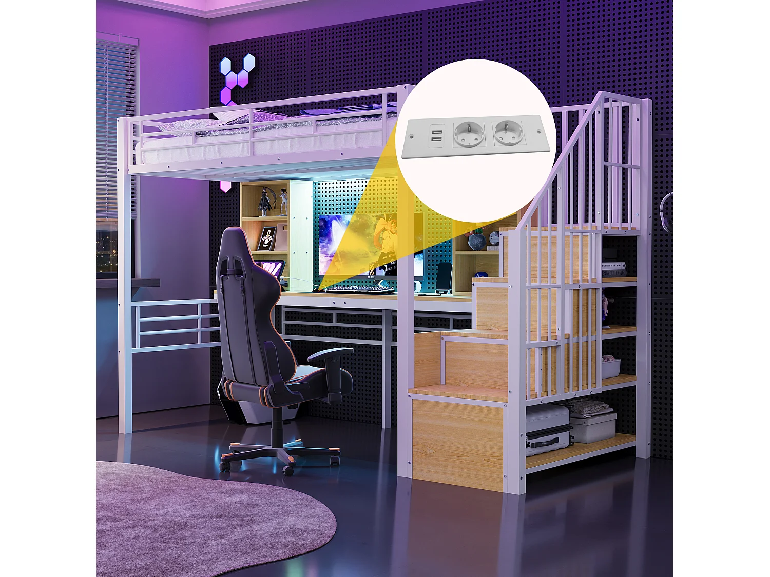 Lit mezzanine en métal pour enfant - 90 x 200 cm - avec échelle de rangement + étagères + table + Leds - blanc