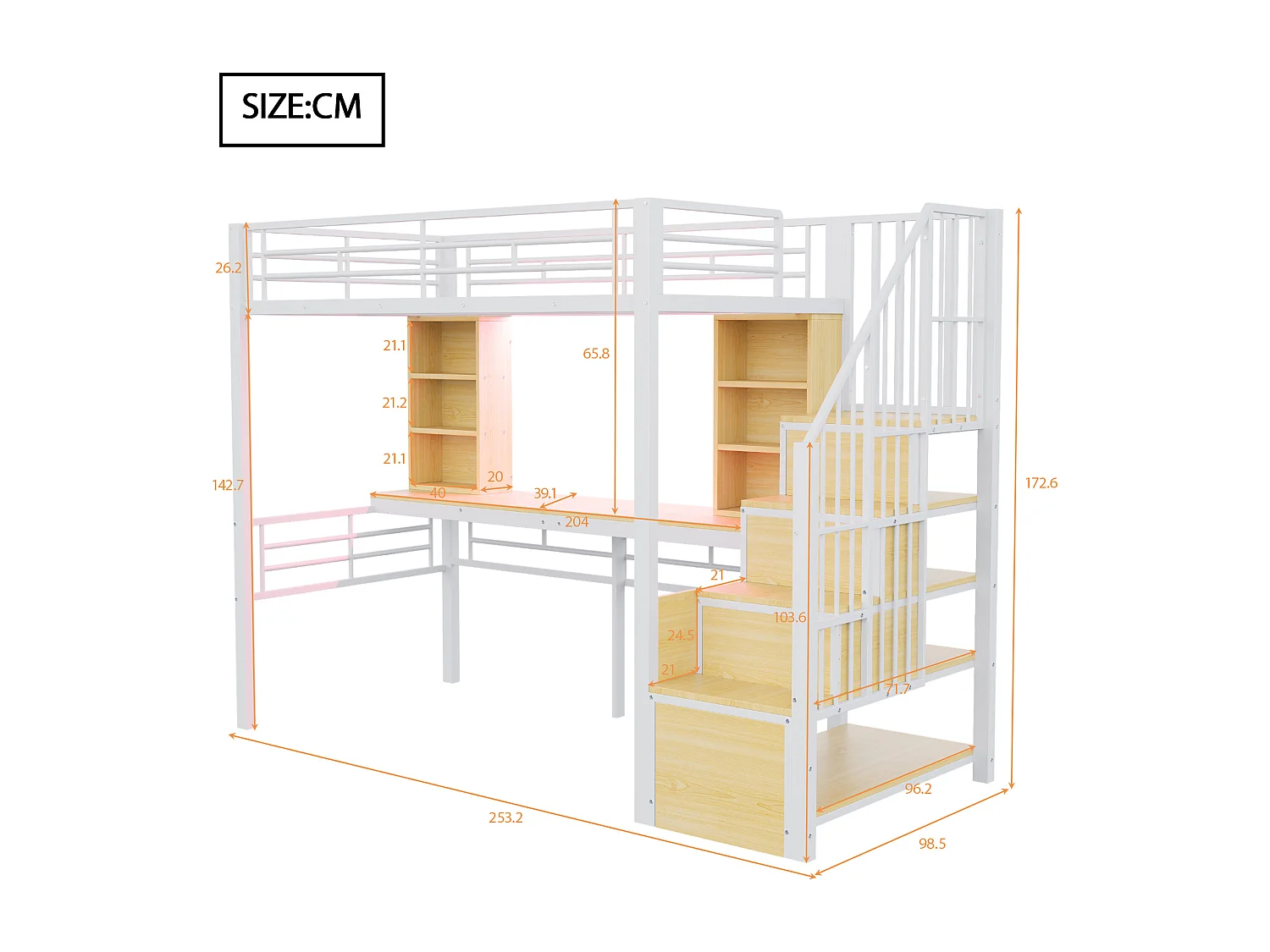 Lit mezzanine en métal pour enfant - 90 x 200 cm - avec échelle de rangement + étagères + table + Leds - blanc