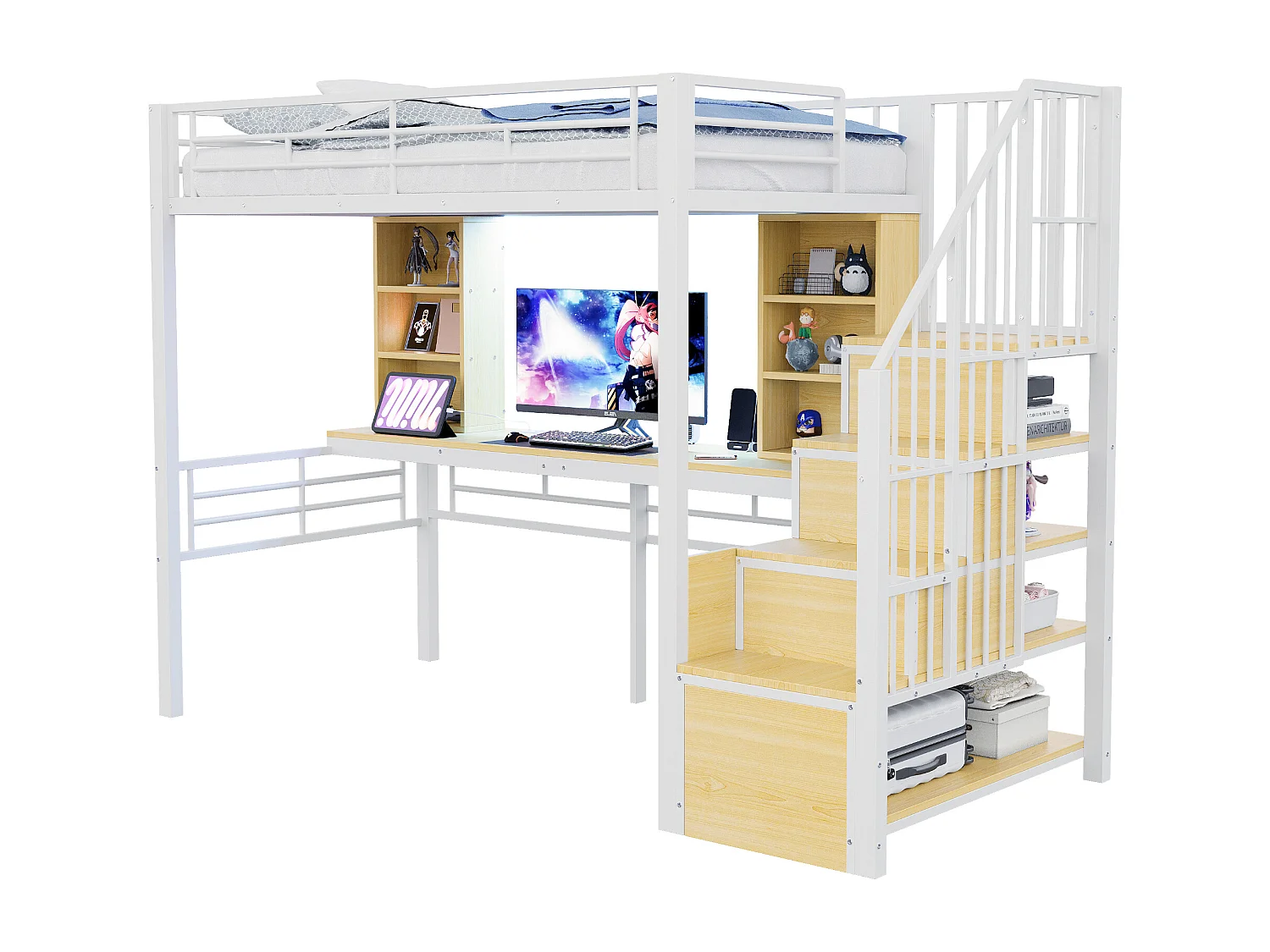 Lit mezzanine en métal pour enfant - 90 x 200 cm - avec échelle de rangement + étagères + table + Leds - blanc