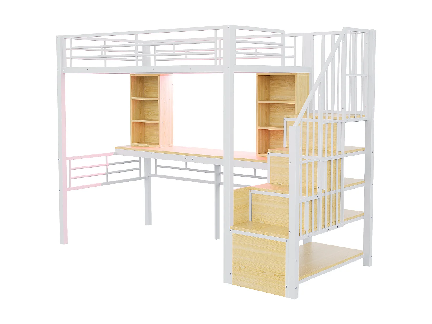 Lit mezzanine en métal pour enfant - 90 x 200 cm - avec échelle de rangement + étagères + table + Leds - blanc