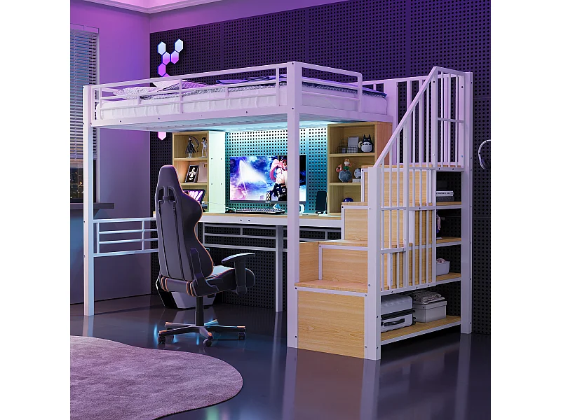 Lit mezzanine en métal pour enfant - 90 x 200 cm - avec échelle de rangement + étagères + table + Leds - blanc