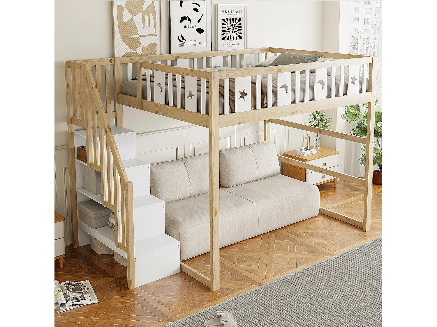 Lit mezzanine enfant - 140 x 200 - avec rangement dans l'escalier + barrière de sécurité - bois + MDF - blanc + naturel