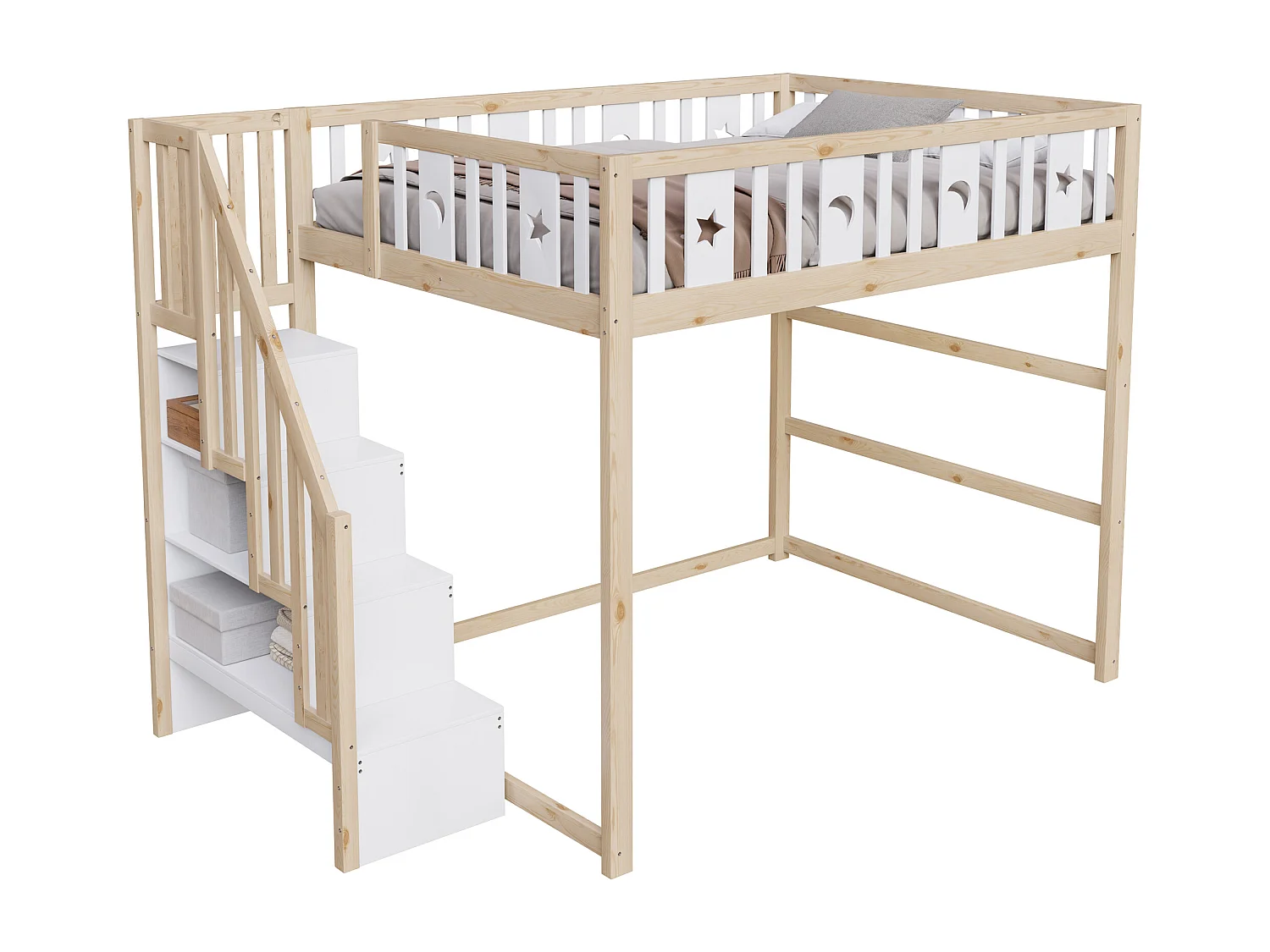 Lit mezzanine enfant - 140 x 200 - avec rangement dans l'escalier + barrière de sécurité - bois + MDF - blanc + naturel