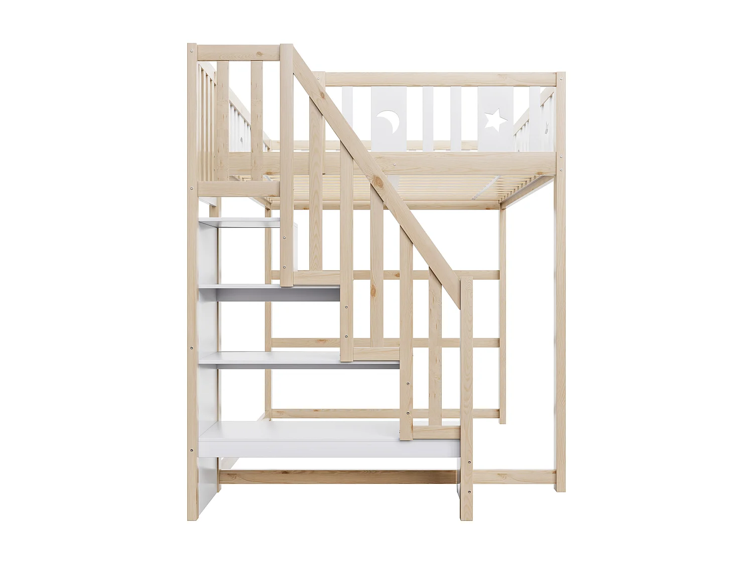 Lit mezzanine enfant - 140 x 200 - avec rangement dans l'escalier + barrière de sécurité - bois + MDF - blanc + naturel