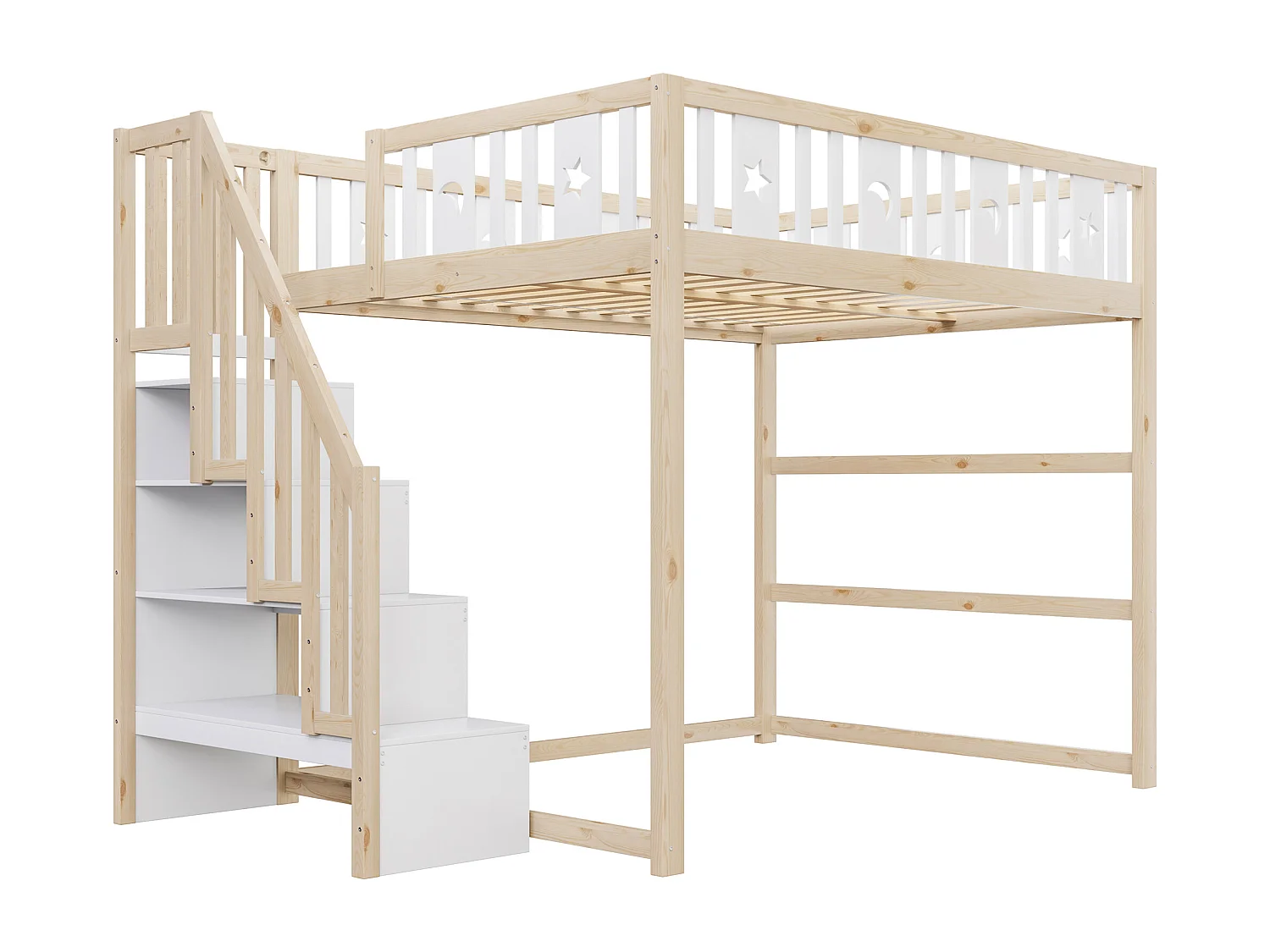 Lit mezzanine enfant - 140 x 200 - avec rangement dans l'escalier + barrière de sécurité - bois + MDF - blanc + naturel