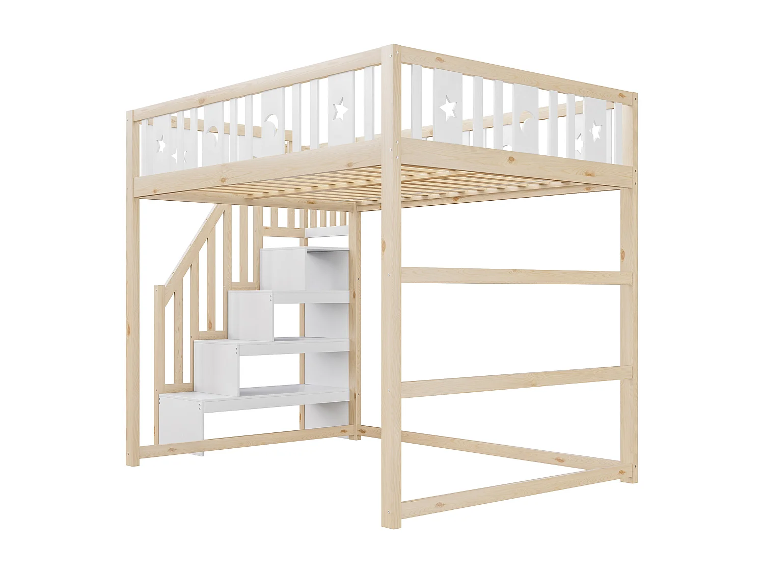Lit mezzanine enfant - 140 x 200 - avec rangement dans l'escalier + barrière de sécurité - bois + MDF - blanc + naturel