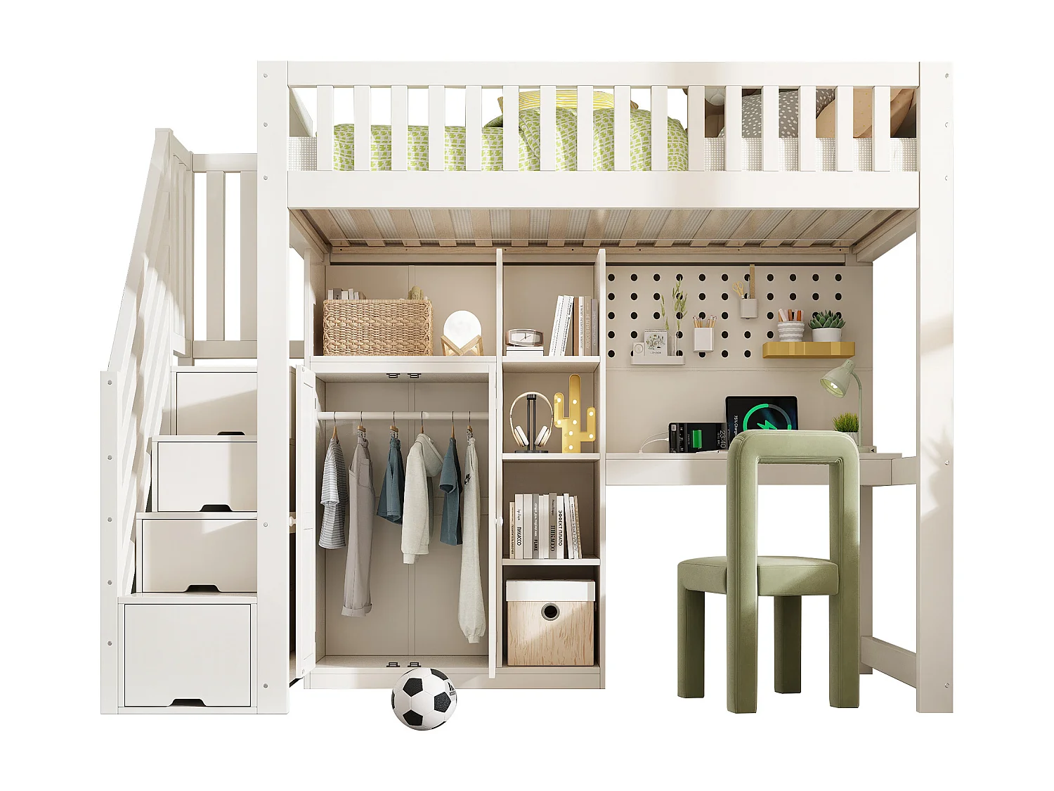 Lit mezzanine pour enfant - 90 x 200cm - avec bureau + penderie + étagères + escalier de rangement + USB - bois - blanc