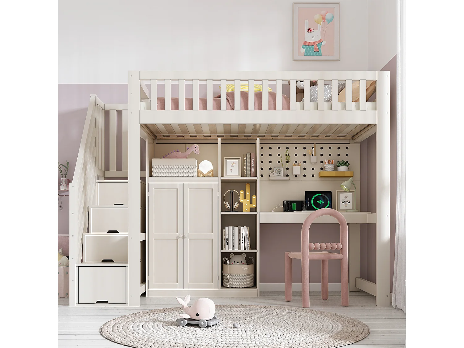 Lit mezzanine pour enfant - 90 x 200cm - avec bureau + penderie + étagères + escalier de rangement + USB - bois - blanc