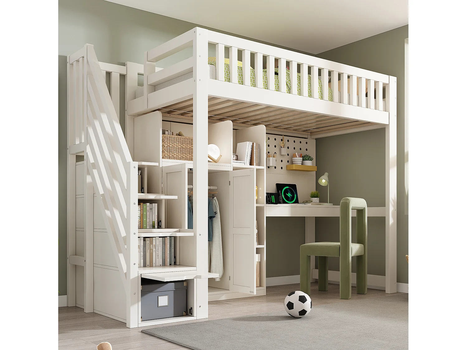Lit mezzanine pour enfant - 90 x 200cm - avec bureau + penderie + étagères + escalier de rangement + USB - bois - blanc