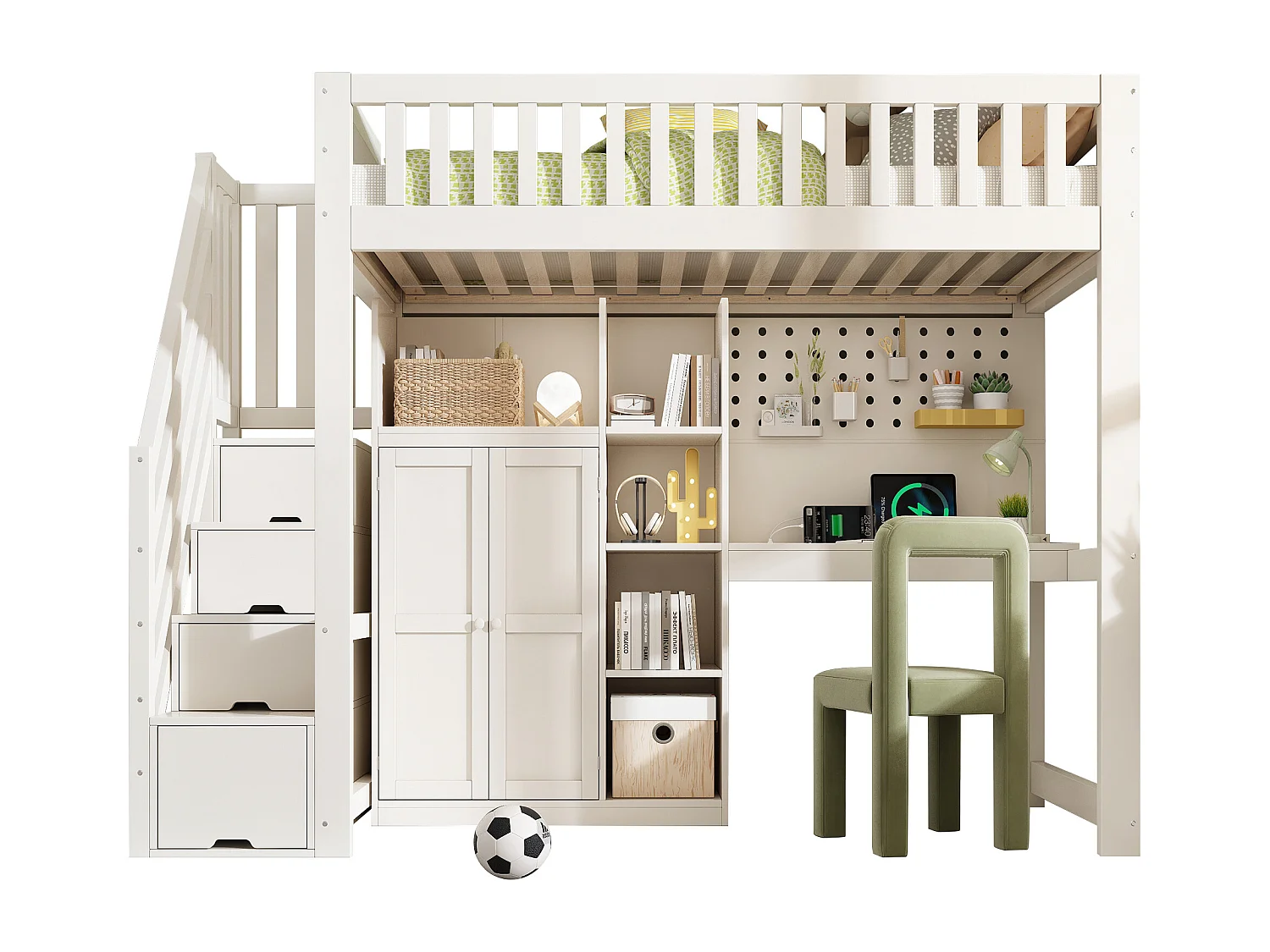 Lit mezzanine pour enfant - 90 x 200cm - avec bureau + penderie + étagères + escalier de rangement + USB - bois - blanc