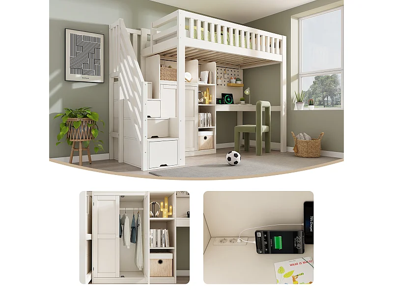 Lit mezzanine pour enfant - 90 x 200cm - avec bureau + penderie + étagères + escalier de rangement + USB - bois - blanc