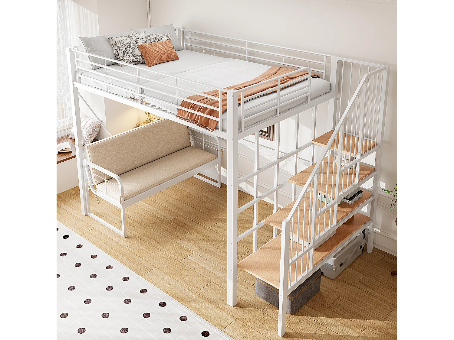 Hochbett für Kinder – 140 x 200 cm – mit abnehmbarem Sofa und Leiter mit Stauraum – Metallrahmen – weiß