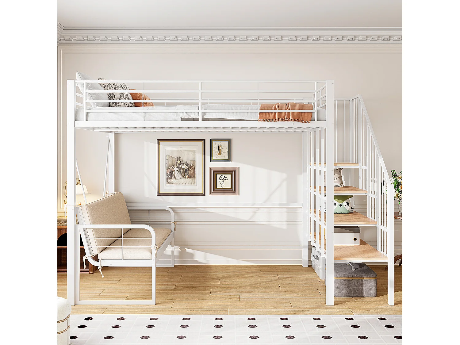 Hochbett für Kinder – 140 x 200 cm – mit abnehmbarem Sofa und Leiter mit Stauraum – Metallrahmen – weiß