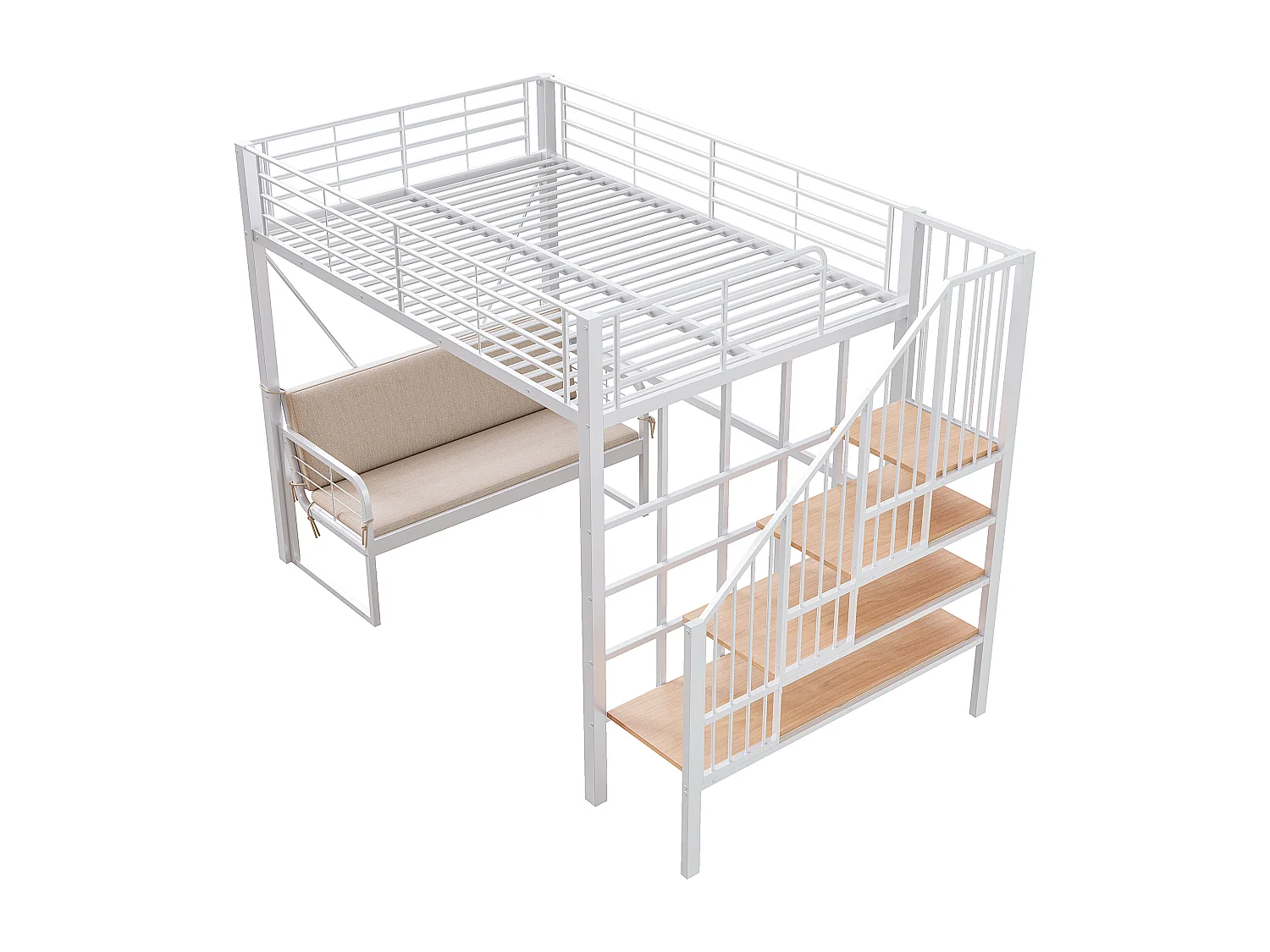 Hochbett für Kinder – 140 x 200 cm – mit abnehmbarem Sofa und Leiter mit Stauraum – Metallrahmen – weiß