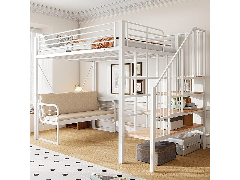 Letto a soppalco per bambini - 140 x 200 cm - con divano rimovibile + scala contenitore - struttura in metallo - bianco