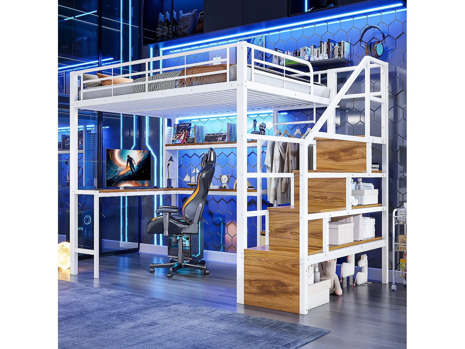 Lit mezzanine en métal pour enfant - 140 x 200 cm - avec 2 tiroirs + penderie + Leds + bureau + escalier de rangement - blanc