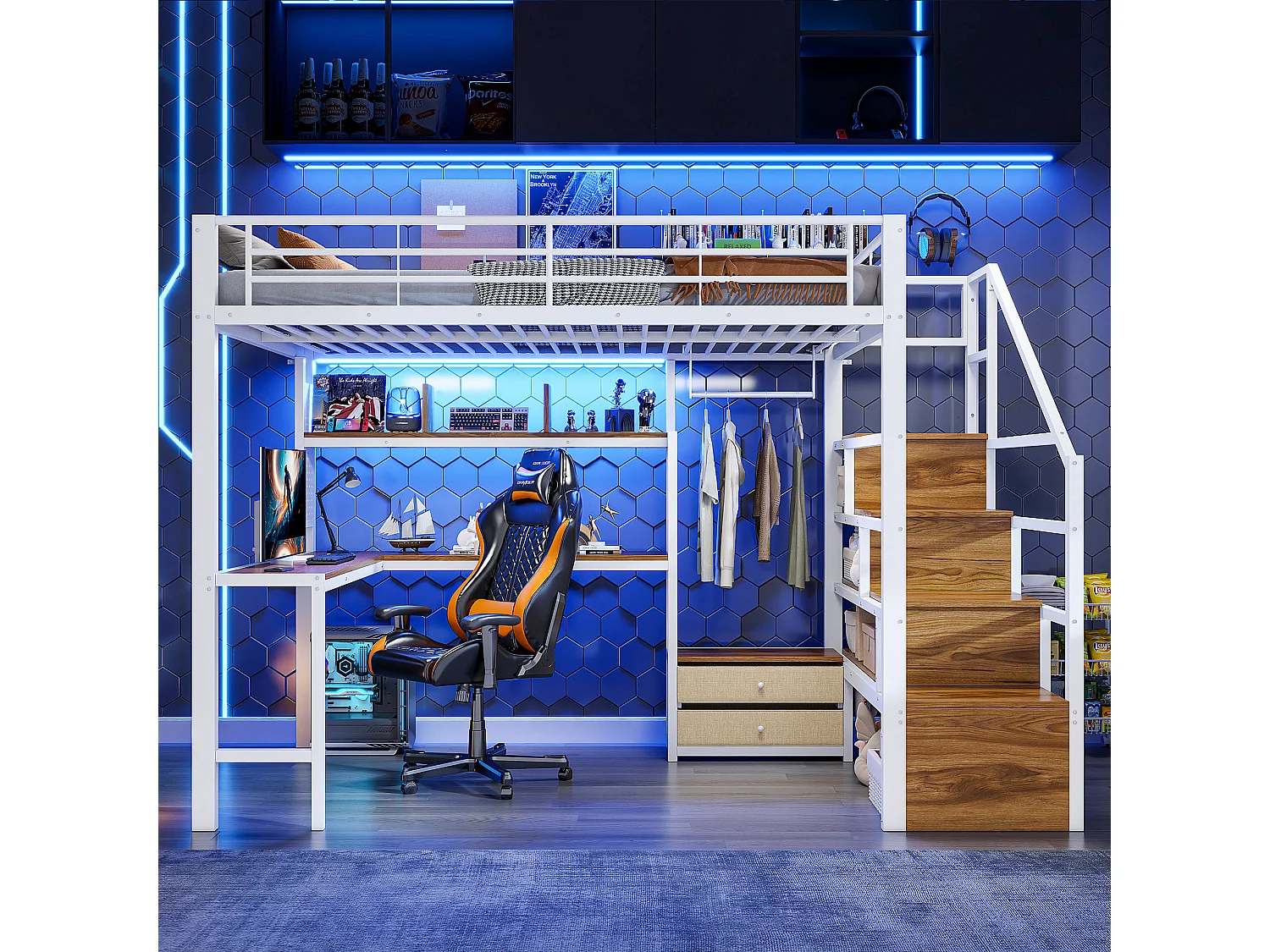 Lit mezzanine en métal pour enfant - 140 x 200 cm - avec 2 tiroirs + penderie + Leds + bureau + escalier de rangement - blanc