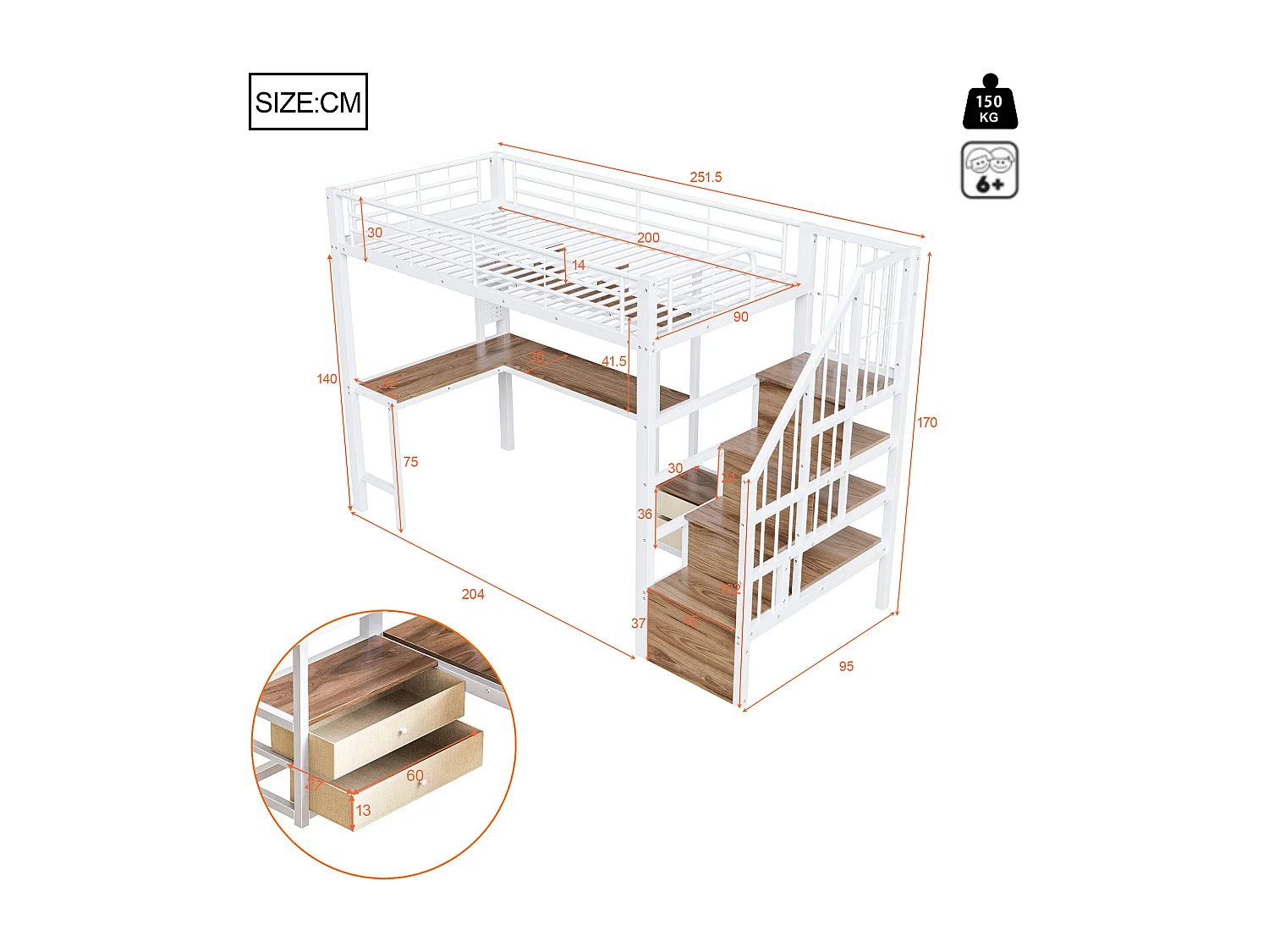 Lit mezzanine en métal pour enfant - 140 x 200 cm - avec 2 tiroirs + penderie + Leds + bureau + escalier de rangement - blanc