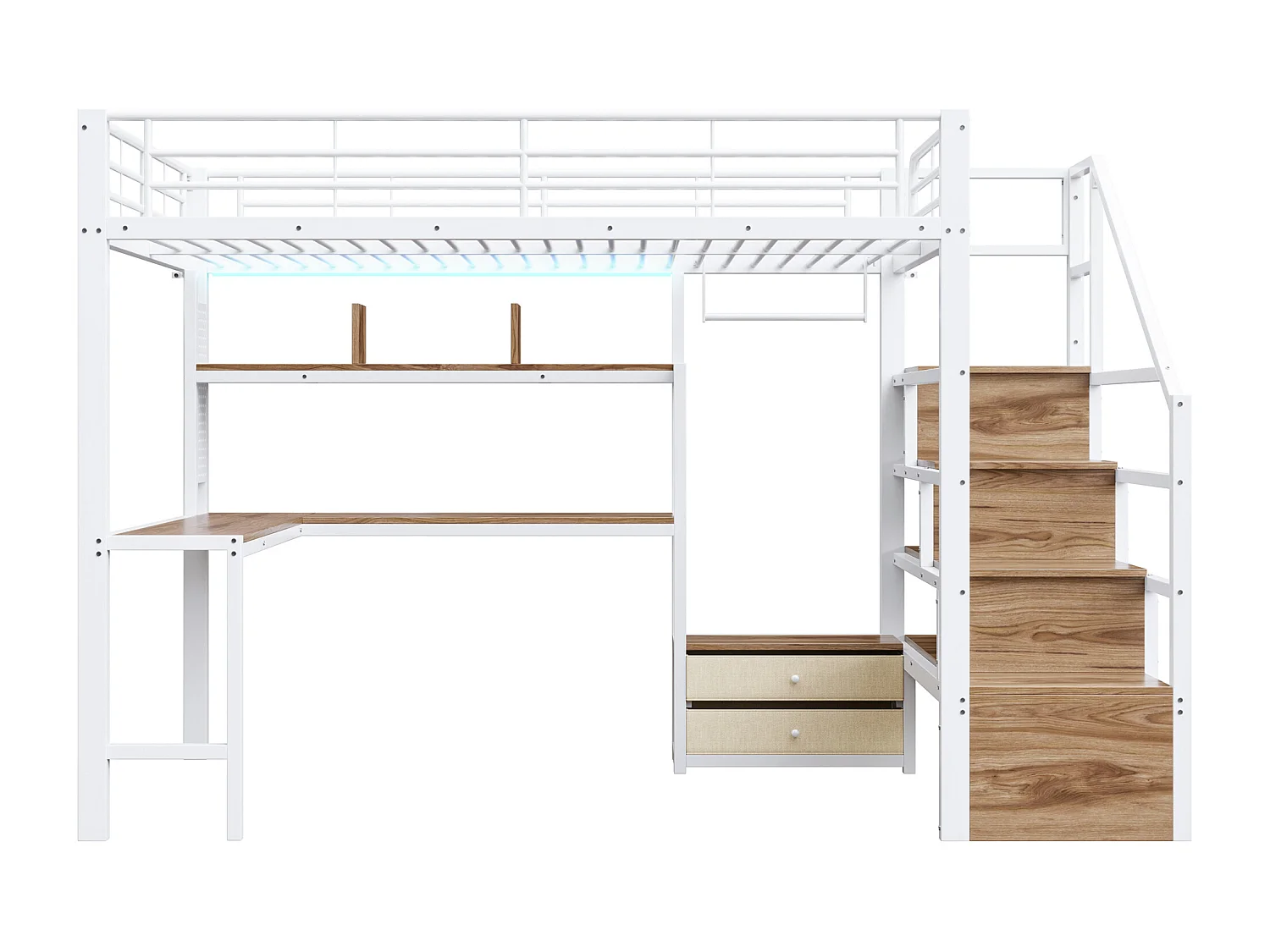 Lit mezzanine en métal pour enfant - 140 x 200 cm - avec 2 tiroirs + penderie + Leds + bureau + escalier de rangement - blanc