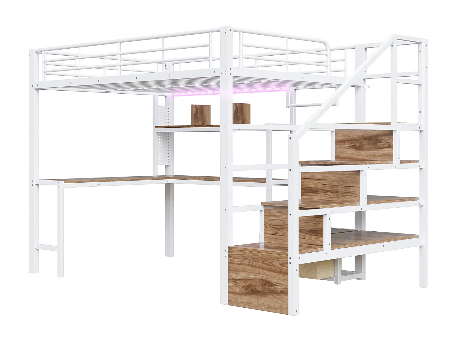 Lit mezzanine en métal pour enfant - 140 x 200 cm - avec 2 tiroirs + penderie + Leds + bureau + escalier de rangement - blanc