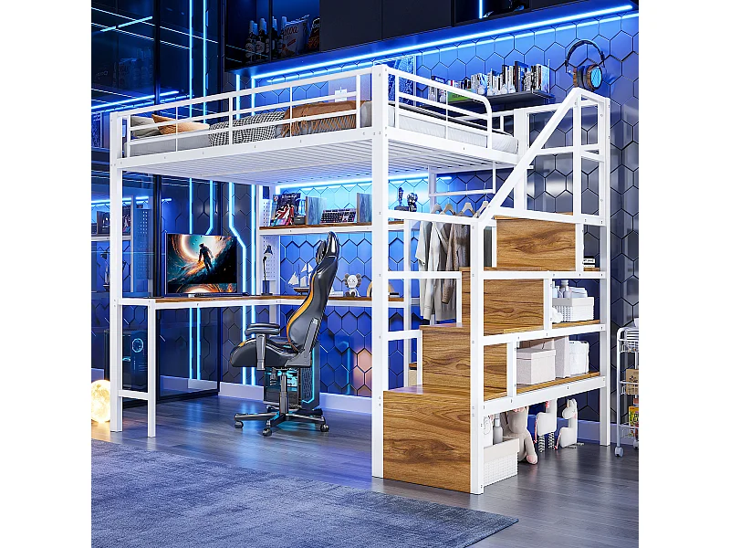 Lit mezzanine en métal pour enfant - 140 x 200 cm - avec 2 tiroirs + penderie + Leds + bureau + escalier de rangement - blanc