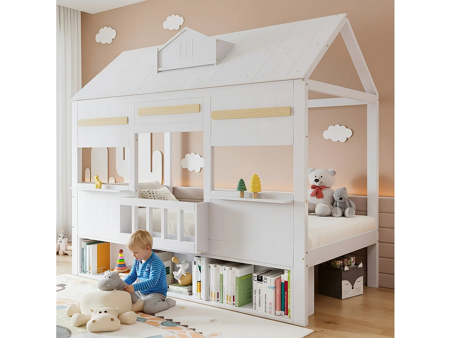Lit mezzanine pour enfant - 90 x 200 cm - en forme de maison - avec étagère + rangement - pin + MDF - blanc
