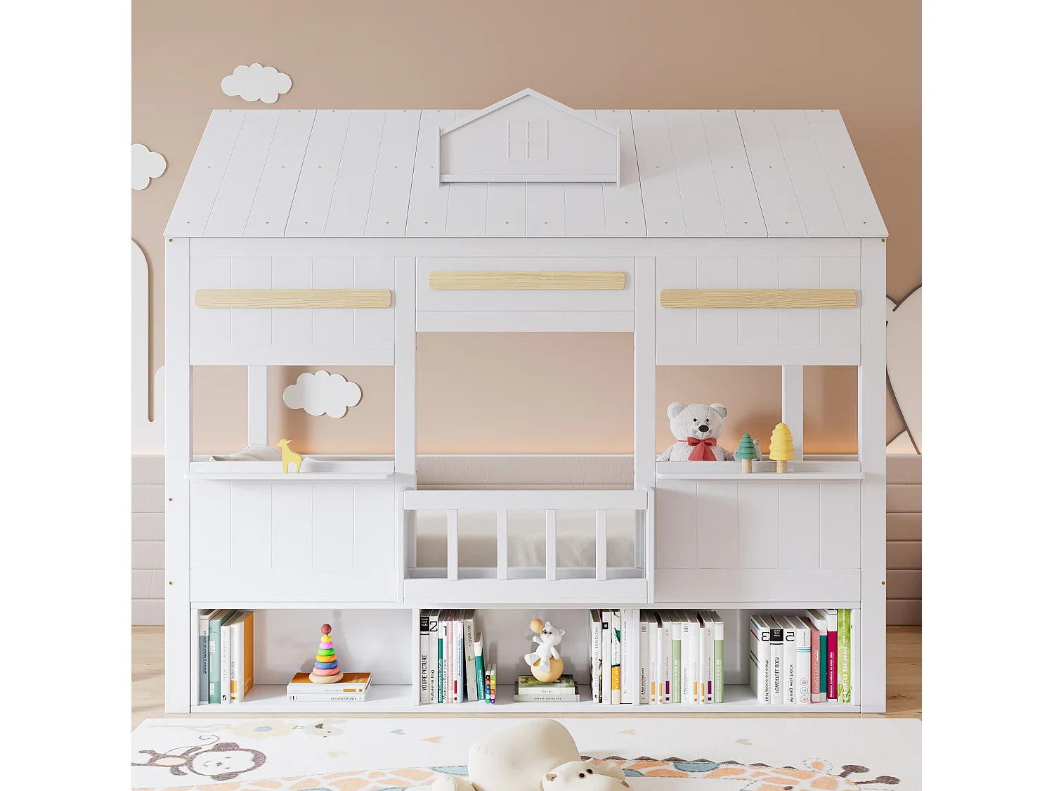 Lit mezzanine pour enfant - 90 x 200 cm - en forme de maison - avec étagère + rangement - pin + MDF - blanc