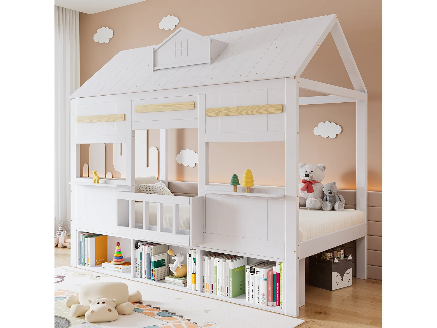 Lit mezzanine pour enfant - 90 x 200 cm - en forme de maison - avec étagère + rangement - pin + MDF - blanc
