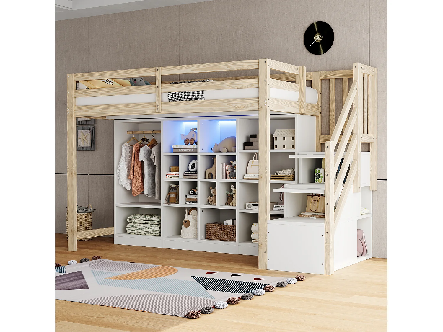 Lit mezzanine pour enfant - 90 x 200 cm - avec placards à compartiments + penderie + Leds + escalier de rangement - bois - blanc + naturel
