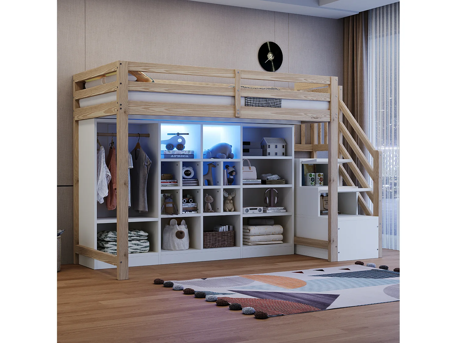 Lit mezzanine pour enfant - 90 x 200 cm - avec placards à compartiments + penderie + Leds + escalier de rangement - bois - blanc + naturel