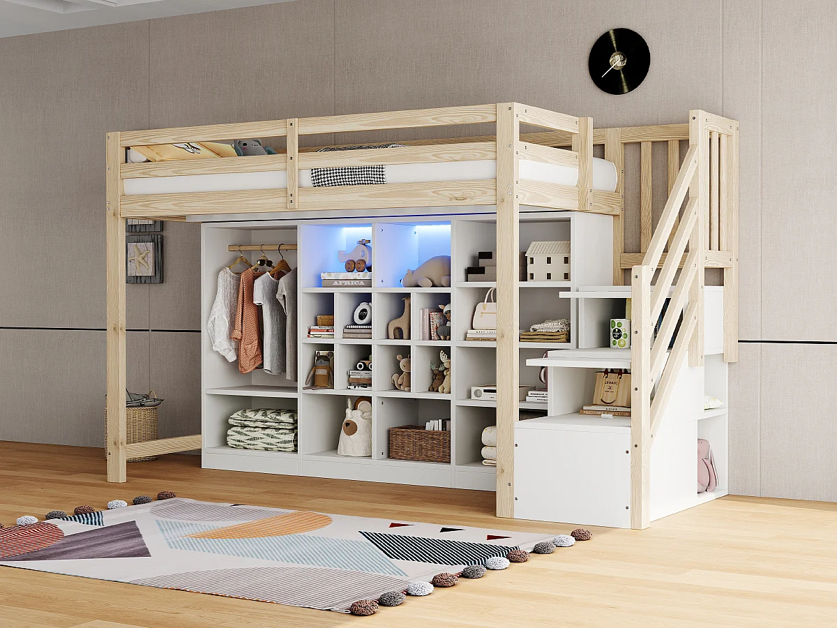 Lit mezzanine pour enfant - 90 x 200 cm - avec placards à compartiments + penderie + Leds + escalier de rangement - bois - blanc + naturel