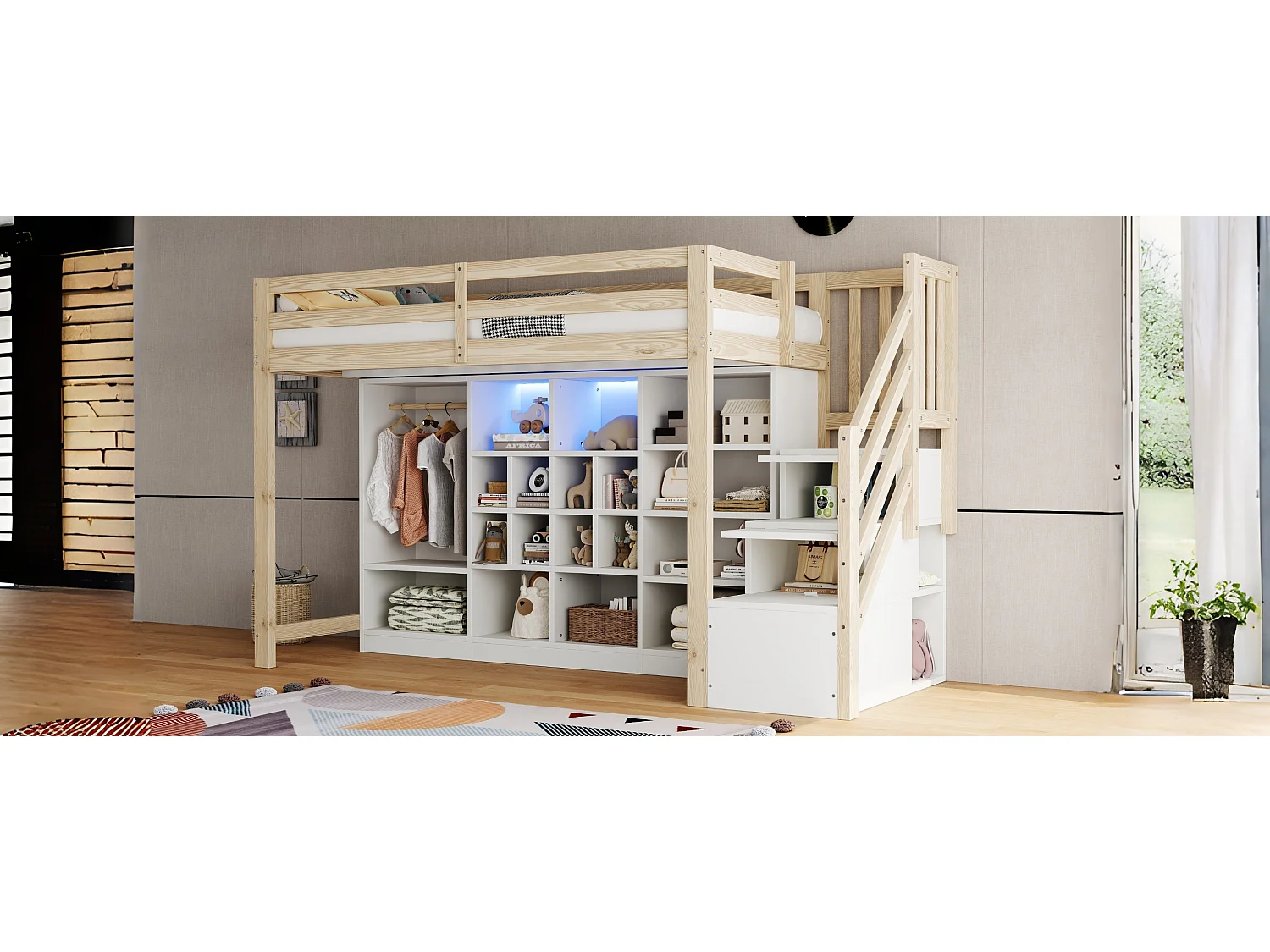 Lit mezzanine pour enfant - 90 x 200 cm - avec placards à compartiments + penderie + Leds + escalier de rangement - bois - blanc + naturel