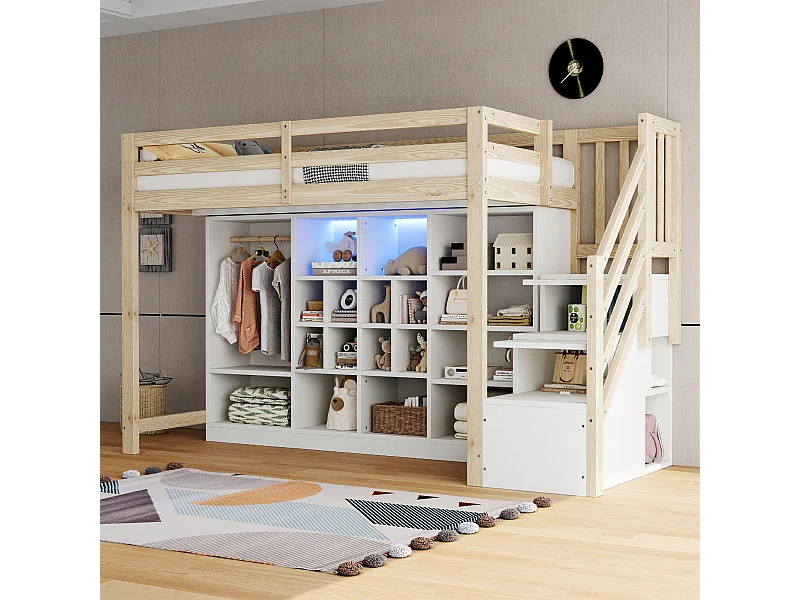 Lit mezzanine pour enfant - 90 x 200 cm - avec placards à compartiments + penderie + Leds + escalier de rangement - bois - blanc + naturel