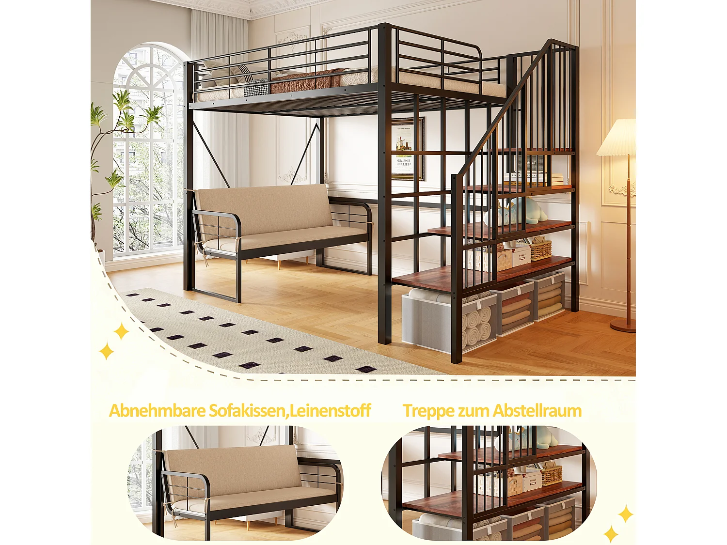 Hochbett für Kinder – 140 x 200 cm – mit abnehmbarem Sofa und Leiter mit Stauraum – Metallrahmen – schwarz