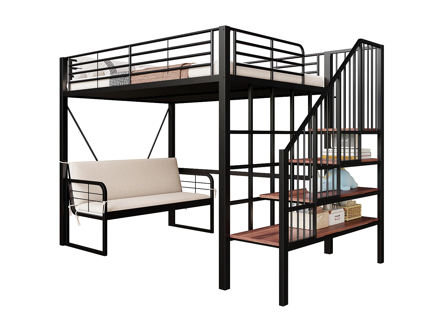 Hochbett für Kinder – 140 x 200 cm – mit abnehmbarem Sofa und Leiter mit Stauraum – Metallrahmen – schwarz