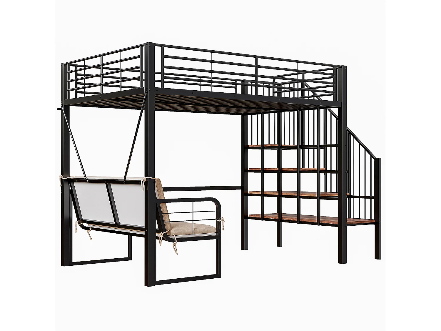 Hochbett für Kinder – 140 x 200 cm – mit abnehmbarem Sofa und Leiter mit Stauraum – Metallrahmen – schwarz