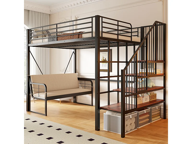 Lit mezzanine pour enfant - 140 x 200 cm - avec canapé amovible + eacalier de rangement - structure métallique - noir