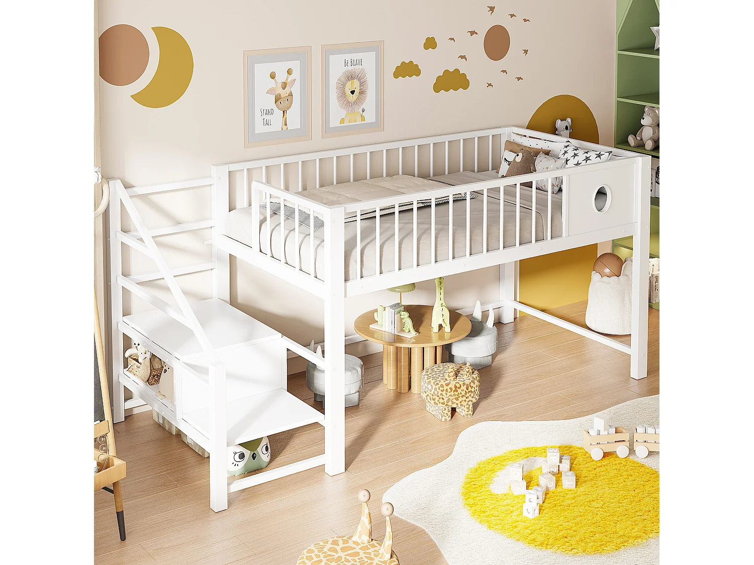 Lit mezzanine bas pour enfant - 90 x 200 cm - avec échelle de rangement - structure métallique - blanc