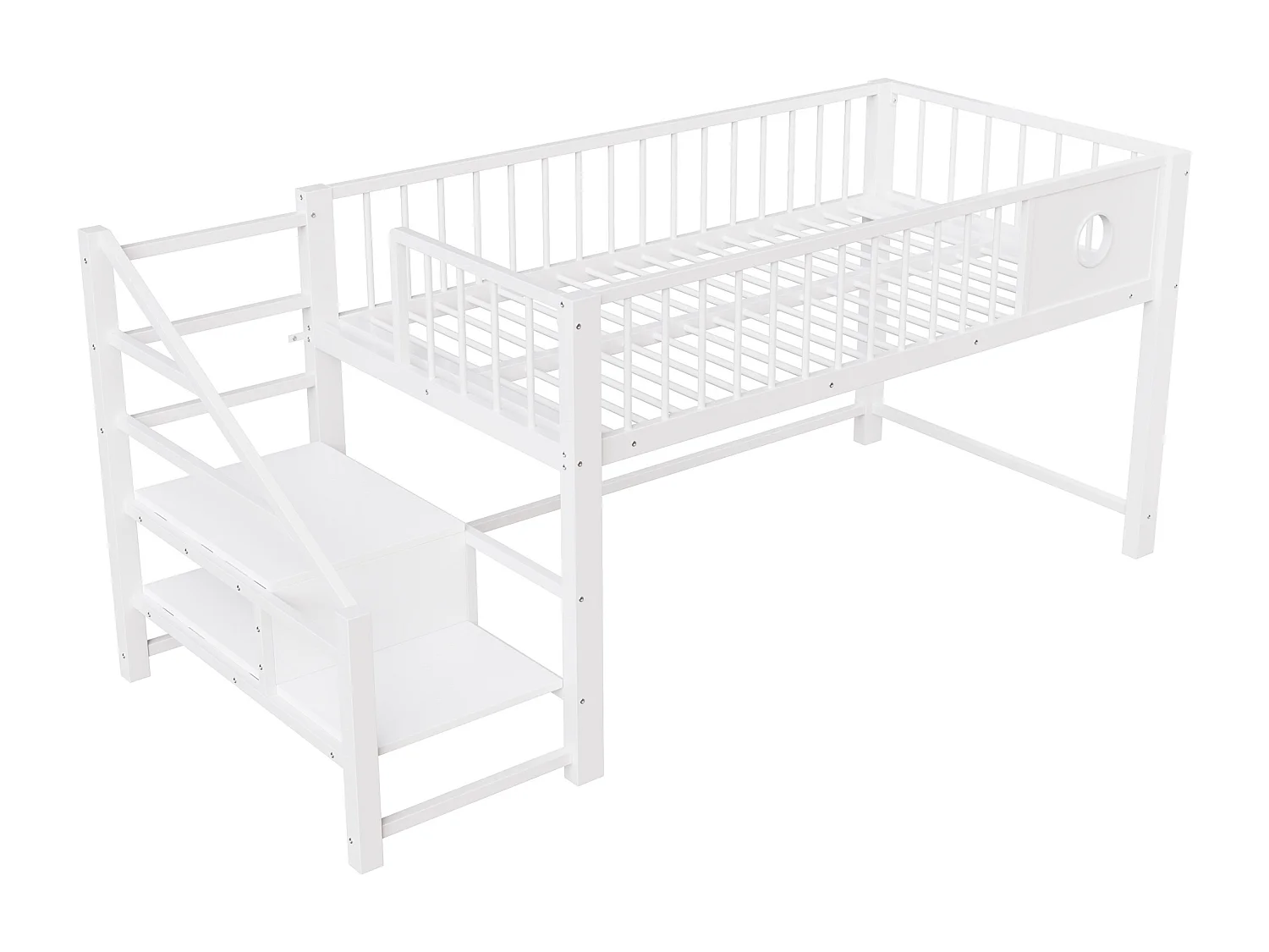 Lit mezzanine bas pour enfant - 90 x 200 cm - avec échelle de rangement - structure métallique - blanc