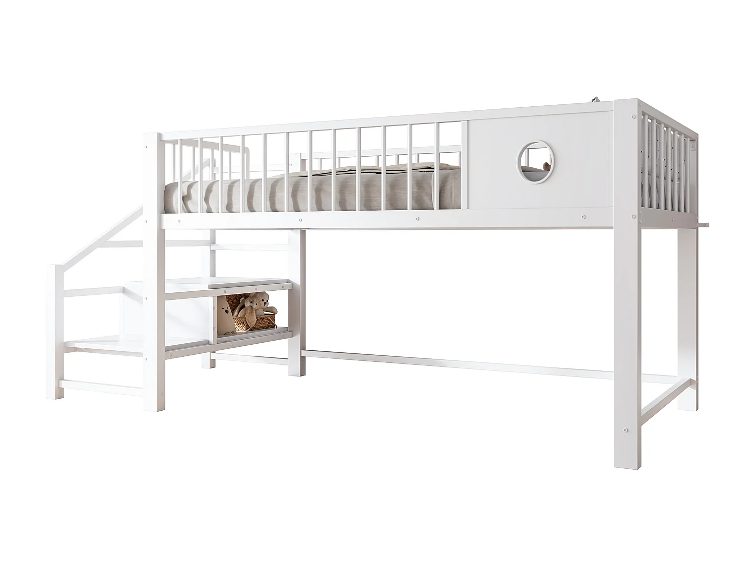 Lit mezzanine bas pour enfant - 90 x 200 cm - avec échelle de rangement - structure métallique - blanc