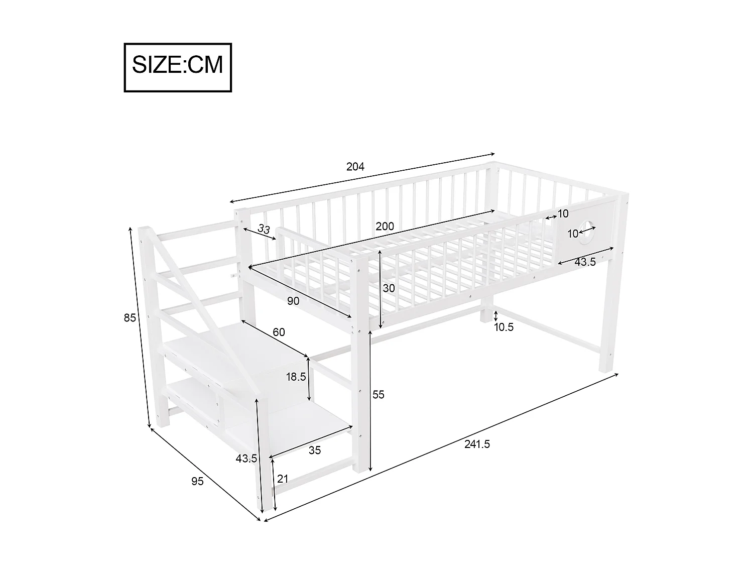 Lit mezzanine bas pour enfant - 90 x 200 cm - avec échelle de rangement - structure métallique - blanc